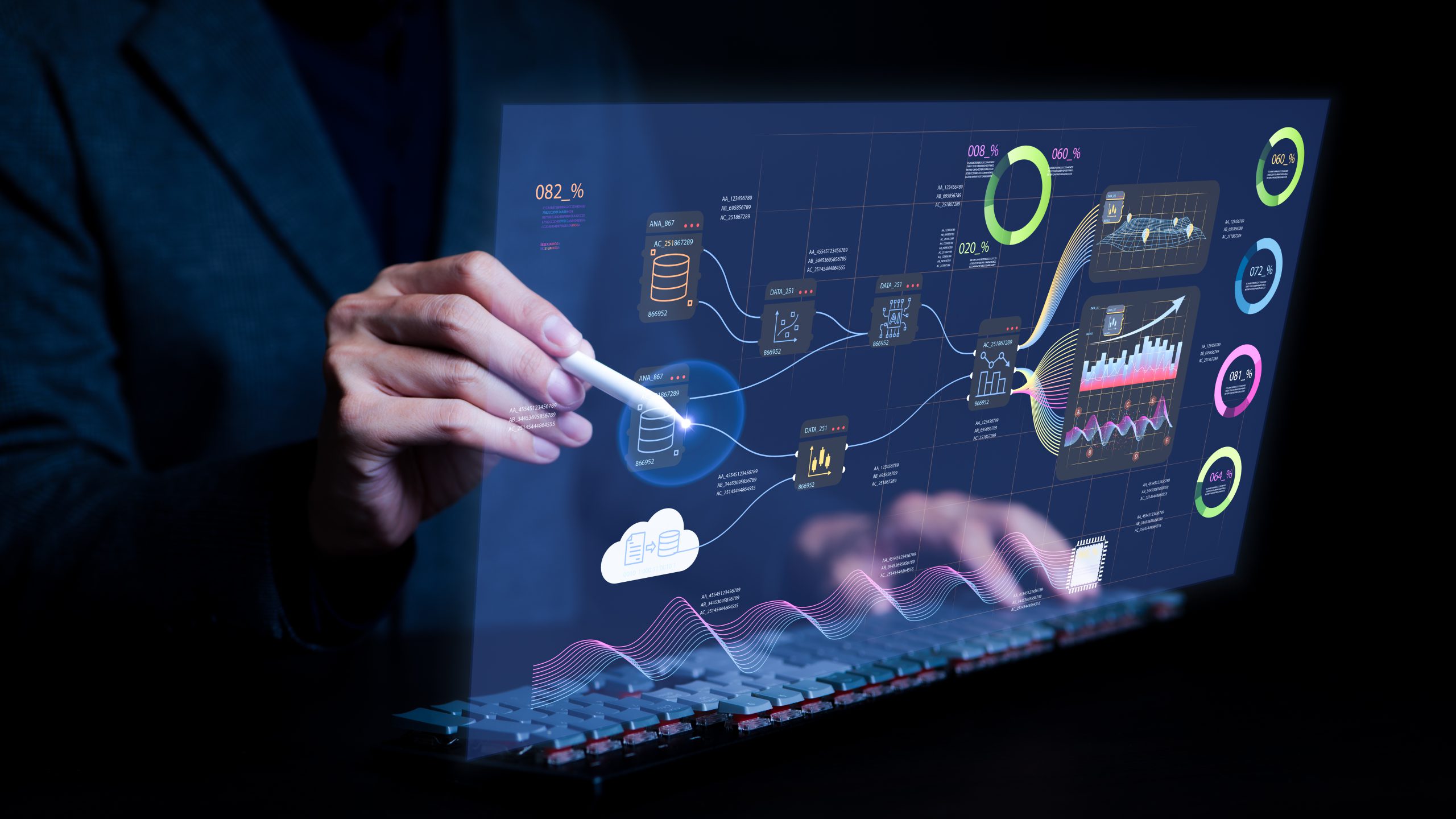 analyst working with computer virtual screen. business analytics and data management system to make report with kpi and metrics connected to database. corporate strategy for finance, marketing,