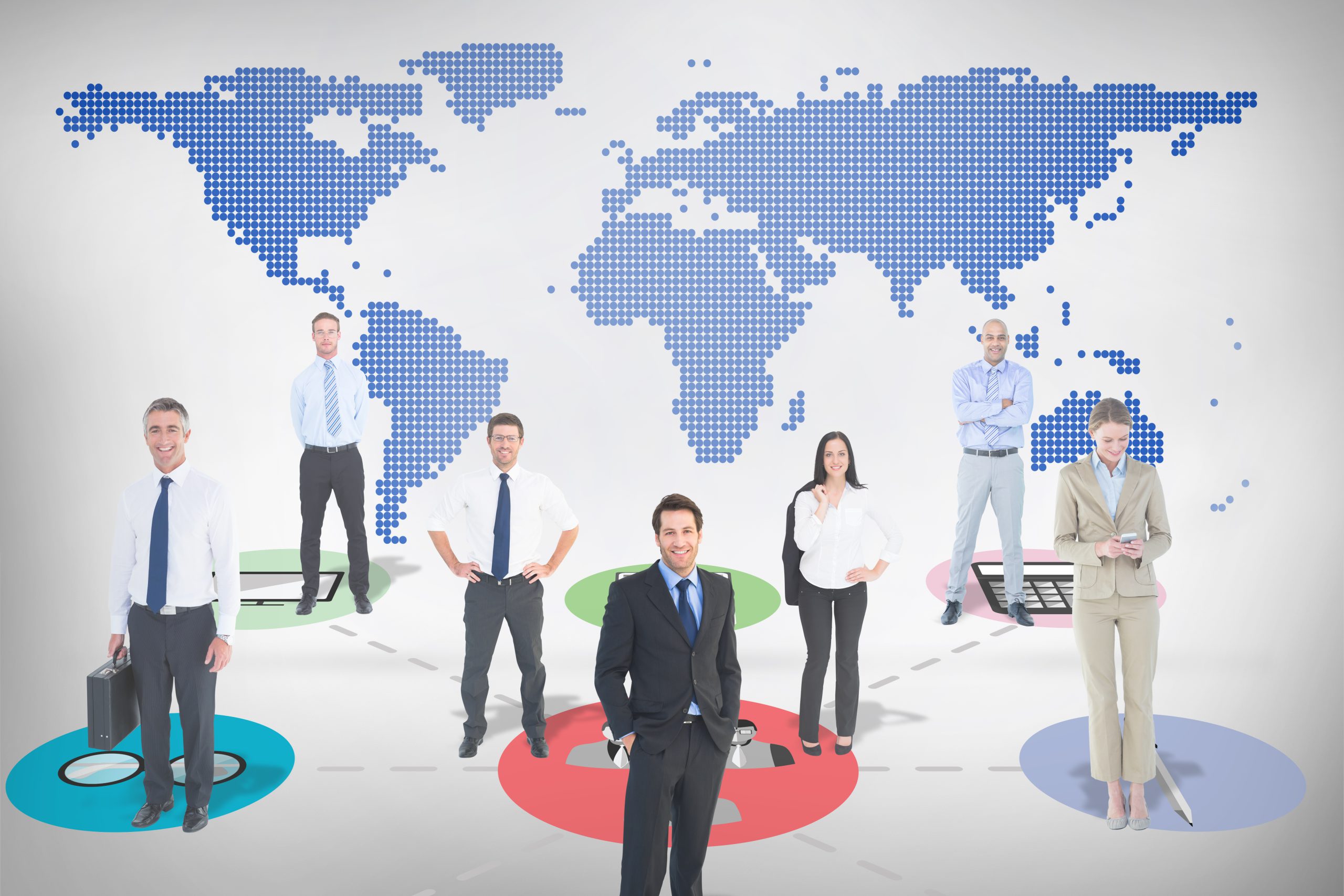 business team against blue world map on white background
